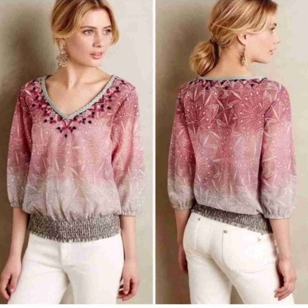Anthropologie akemi + kin embroidered mesh top Size Medium Pink/purple